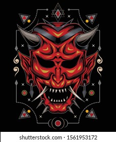 Kabuki illustration. red devil face illustration. vector head of red demon. Japanese demon mask