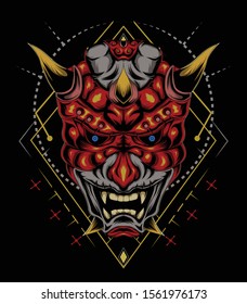 kabuki illustration. red devil face illustration. vector head of red demon. japanese demon mask