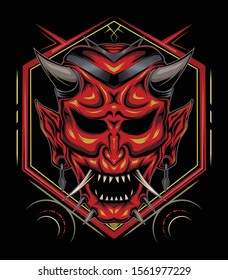 kabuki illustration. red devil face illustration. vector head of red demon. japanese demon mask