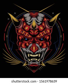 kabuki illustration. red devil face illustration. vector head of red demon. japanese demon mask