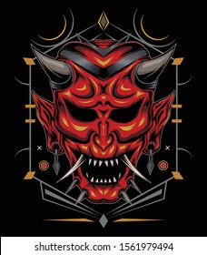 kabuki illustration. red devil face illustration. vector head of red demon. japanese demon mask