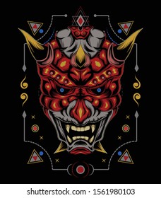 kabuki illustration. red devil face illustration. vector head of red demon. japanese demon mask