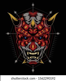 kabuki illustration. red devil face illustration. vector head of red demon. japanese demon mask