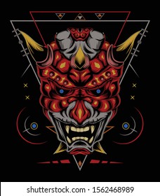 kabuki illustration. red devil face illustration. vector head of red demon. japanese demon mask