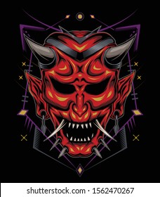 Kabuki illustration. red devil face illustration. vector head of red demon. Japanese demon mask