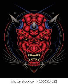 kabuki illustration. red devil face illustration. vector head of red demon. japanese demon mask