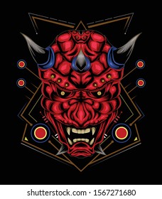 kabuki illustration. red devil face illustration. vector head of red demon. japanese demon mask