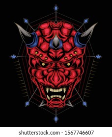 kabuki illustration. red devil face illustration. vector head of red demon. japanese demon mask