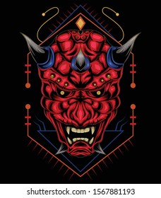 kabuki illustration. red devil face illustration. vector head of red demon. japanese demon mask