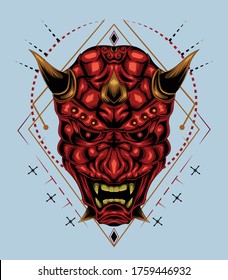 kabuki illustration. red devil face illustration. head of red demon. japanese demon mask