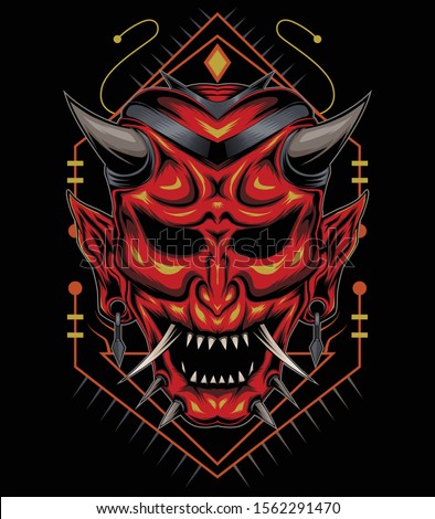 kabuki illustration. red devil face illustration. vector head of red demon. japanese demon mask