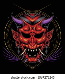 kabuki illustration. vector red devil face illustration. vector head of red demon. japanese demon mask