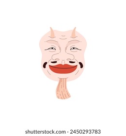 Kabuki mask or makeup with scary smiling face flat style, vector illustration on white background. Decorative design element, Japanese theatre, culture, horns and long beard
