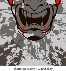 Kabuki mask on gray background. Outlines, japan mask. Ninja mask. Shades of gray.