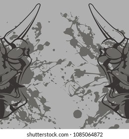 Kabuki mask on gray background. Outlines, japan mask. Ninja mask. Shades of gray.