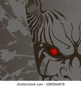 Kabuki mask on gray background. Outlines, japan mask. Ninja mask. Shades of gray.