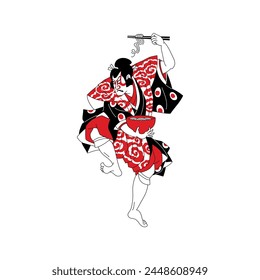 kabuki, Samurai eating noodles, Japanese Ukiyoe style, vector illustration