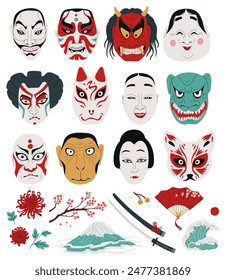 Kabuki. A set of traditional Japanese masks and decorative elements for theatrical performances. Flat vector illustration of icons with theatrical faces of gods, devils and mythical creatures.