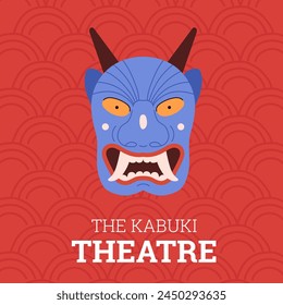 A Kabuki theater mask. Vector illustration featuring a dramatic blue oni mask with sharp horns against a textured red background, ideal for cultural and theatrical themes.