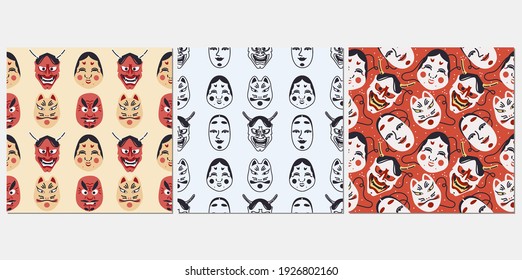 Kabuki Theater seamless pattern set vector. Japan mask, okame, oni, hyottoko, tengu, kitsune texture design collection. Mythology, ethnic backgrounds.