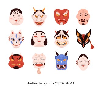 Kabuki Theater. A set of traditional Japanese masks for dramatic performances. Vector illustrations of Asian theatrical figures including gods, devils and mythical creatures.