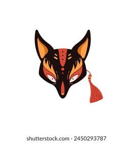 A Kabuki-inspired fox mask vector illustration with bold red and black accents and a tassel detail.