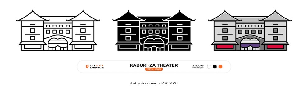 Ícone Da Linha De Teatro Kabuki-za. Tóquio_Japão, Silhueta, Símbolo De Cor, Traço Editável.
