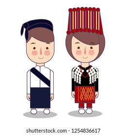 Kachin Myanmar traditional national clothes south east asia. Set of cartoon characters in traditional costume. Cute people. Vector flat illustrations.