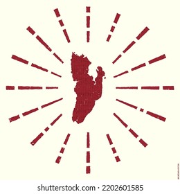 Kadan Kyun Logo. Grunge sunburst poster with map of the island. Shape of Kadan Kyun filled with hex digits with sunburst rays around. Appealing vector illustration.