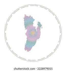 Logo redondo de Kadan Kyun. Forma de estilo digital de Kadan Kyun en círculo con nombre de isla. Icono tecnológico de la isla con puntos degradados. Ilustración vectorial de moda.
