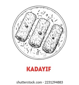 Kadayif sketch, Turkish food. Hand drawn vector illustration. Turkish street food. Sketch style. Top view. Vintage vector illustration.