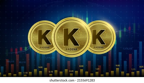 Kadena (KDA) 3 coin Cryptocurrency blockchain. Future digital currency replacement technology alternative. Silver golden virtual currency growth share chart background. 3D Vector illustration.