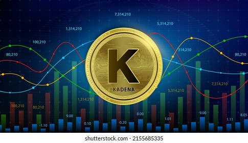 Kadena (KDA) coin Cryptocurrency blockchain. Future digital currency replacement technology alternative currency, Silver golden stock chart number up down is background. 3D Vector illustration.