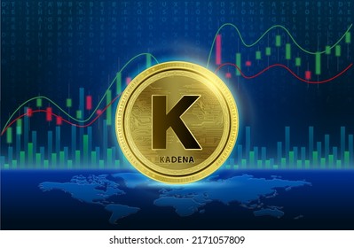 Kadena (KDA) gold coin Cryptocurrency blockchain. List of variou coin symbol is background. Future digital replacement technology alternative currency. gold stock chart. 3D Vector illustration.