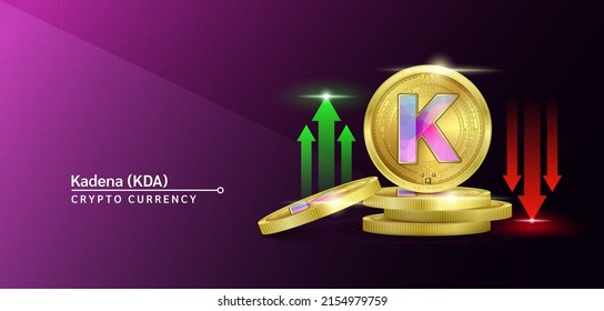 Kadena token cryptocurrency banner. Future currency on blockchain stock market with red-green arrows up and down. Gold coins crypto currencies. Banner for news on a purple background. 3D Vector.