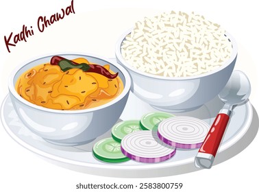 Kadhi Pakora with Rice in Separate Bowls Served on Plate with Sliced Onions, Cucumbers and Spoon. Indian Curry Rice Illustration 