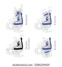 KAF Vector Isolated Fathah Kasrah Dammah Vowel Arabic Alphabet Type Character Letters Script Naskh Nuqta Form Hamzah Outline Shadow Structure Overlap Background Line Path Blue Black White Gray Art