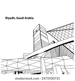 KAFD Building complex in Riyadh, Saudi Arabia. Line art style. Skycraper Tower in Riyadh Saudi Arabia Skyline City.