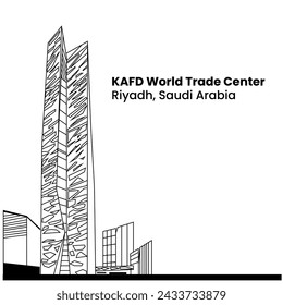 Centro Mundial de Comercio de KAFD. Torre de rascacielos en Riad, Arabia Saudita Skyline City. Estilo de arte lineal
