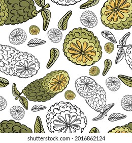 Kaffir lime hand drawn seamless pattern in green and yellow color and black outlines on white background for textile, print, background, highlights. Vector illustration