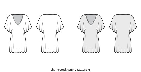 Kaftan dress technical fashion illustration with deep V-neck, batwing elbow sleeves, above-the-knee length oversized. Flat apparel template front back white grey color. Women men unisex top CAD mockup