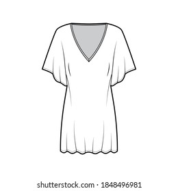 Illustration technique de mode Kaftan avec manches coudes profondes au cou en V, au coude cabossé, au-dessus du genou, surdimensionnées. Couleur blanche avant du modèle d'habillement plat. Femmes hommes unisex top CAD maquette