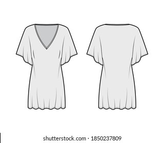 Illustration technique de mode Kaftan avec manches coudes profondes au cou en V, au coude cabossé, au-dessus du genou, surdimensionnées. Couleur grise arrière du modèle d'habillement plat. Femmes hommes unisex top CAD maquette