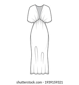 Kaftan dress technical fashion illustration with deep V-neck, batwing sleeves, oversized, midi floor length, pencil cut. Flat apparel template front, white color style. Women, men unisex CAD mockup