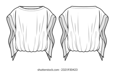 Kaftan Top  Front and Back View. Fashion Flat Sketch Vector Illustration, CAD, Technical Drawing, Flat Drawing, Template, Mockup.