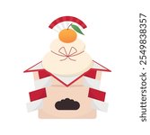 Kagami mochi rice cake dessert decorated. Traditional Japanese New year food and lucky charm. Vector illustration