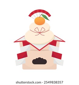 Kagami mochi rice cake dessert decorated. Traditional Japanese New year food and lucky charm. Vector illustration