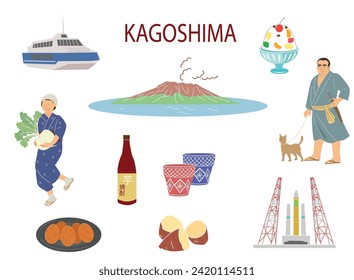 Kagoshima, Kyusyu, Japan. Landmarks and food.  芋焼酎 means spirit made from sweet potato.