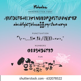 Kahaluu Handwritten script font. Brush font. Uppercase, lowercase, numbers, punctuation and a lot of fun figures
