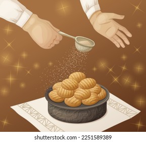 Kahk cookie cartoon vector illustration, arabic baked dessert for eid mubarak celebration, egyprian sweet bakery, cooking in process design